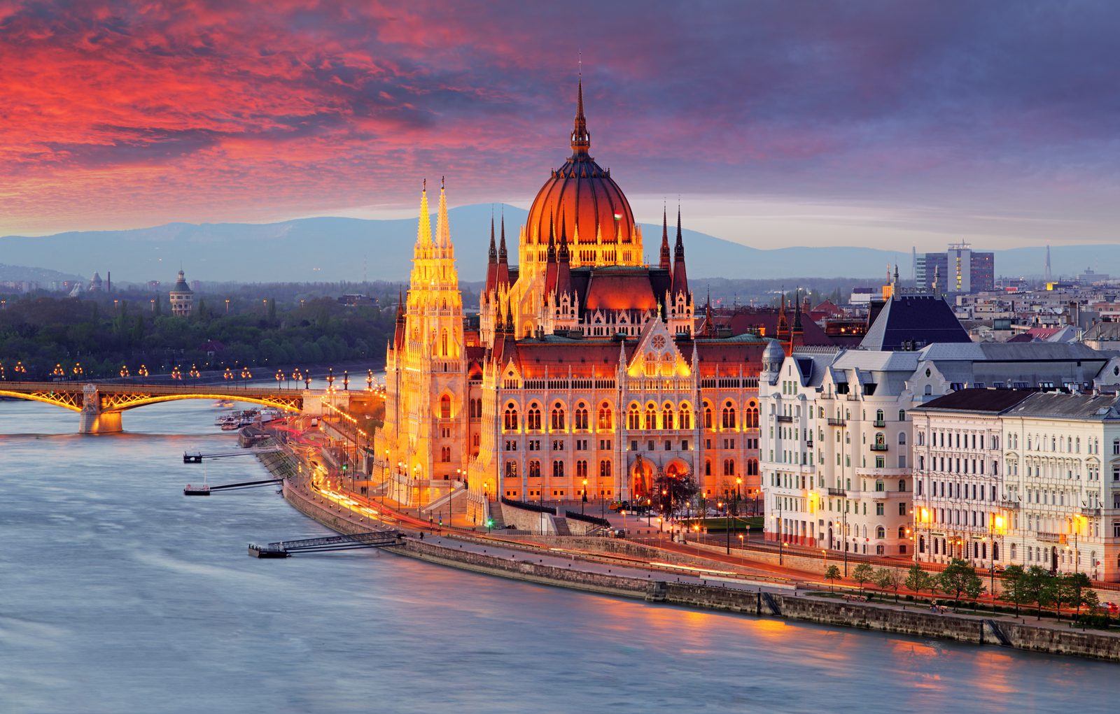 Hungarian Parliament Building glowing at sunset